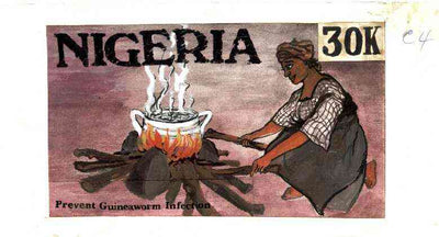 Nigeria 1991 National Guineaworm Eradication Day - original hand-painted artwork for 30k value (showing boiling pot of water) probably by Remi Adeyemi on board 210 x 120mm endorsed C4