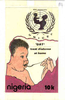 Nigeria 1986 UN's Children's Fund - original hand-painted artwork for 10k value (showing Oral Rehydration Therapy) by Francis Nwaije Isibor on card 120 x 200mm with overlay endorsed A4