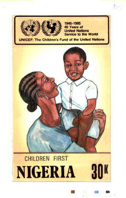 Nigeria 1986 UN's Children's Fund - original hand-painted artwork for 30k value (showing Mother & Child) by NSP&MCo Staff Artist Mrs A O Adeyeye on card 130 x 220mm endorsed D5