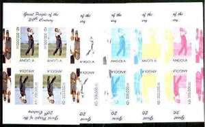 Angola 1999 Great People of the 20th Century - Aoki (Japanese Golfer) sheetlet of 4 (2 tete-beche pairs with the Tiger Woods in margin) the set of 5 imperf progressive colour proofs comprising various colour combinations incl all ……Details Below