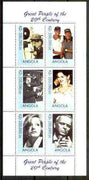 Angola 1999 Great People of the 20th Century - perf sheetlet of six (Chaplin, Tiger Woods, Churchill, Madonna, Greta Garbo & Frank Sinatra) unmounted mint