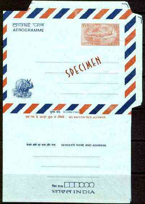 Aerogramme - India 1960c 85p p/stationery Aerogramme (Airoplane with Rhino in opposite corner) opt'd SPECIMEN, unused and very fine