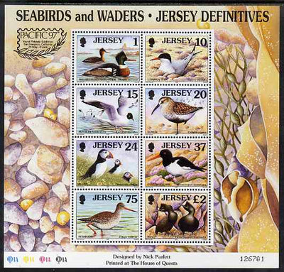 Jersey 1997-99 Seabirds & Waders perf m/sheet #1 containing 8 values (1p, 10p, 15p, 20p, 24p, 37p, 75p & £2) with 'Pacific 97' logo unmounted mint SG MS 817