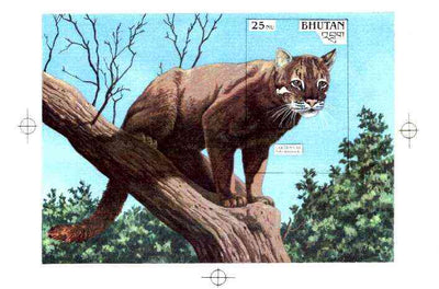 Bhutan 1990 Endangered Wildlife - Intermediate stage computer-generated artwork (as submitted for approval) for 25nu m/sheet (Golden Cat) 200 x 140 mm similar to issued design but lettering different, ex Government archives and probably unique