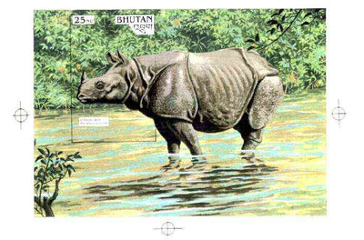 Bhutan 1990 Endangered Wildlife - Intermediate stage computer-generated artwork (as submitted for approval) for 25nu m/sheet (Rhinoceros) 200 x 140 mm similar to issued design but lettering different, ex Government archives and probably unique