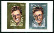 Guyana 1995 Elvis Presley 60th Birthday sheetlet in card containing two $300 values embossed in gold & silver foil (1 of each with plain edges)