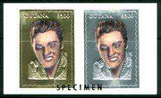 Guyana 1995 Elvis Presley 60th Birthday sheetlet in card containing two $300 values embossed in gold & silver foil (1 of each with saw-tooth edges) overprinted SPECIMEN