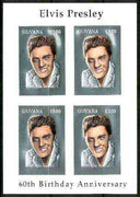 Guyana 1995 Elvis Presley 60th Birthday m/sheet in card containing four $300 values embossed in silver foil (with plain edges) from a numbered limited printing