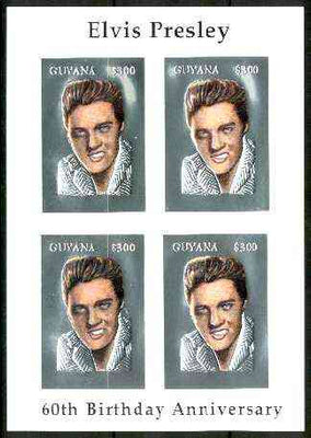 Guyana 1995 Elvis Presley 60th Birthday m/sheet in card containing four $300 values embossed in silver foil (with plain edges) from a numbered limited printing