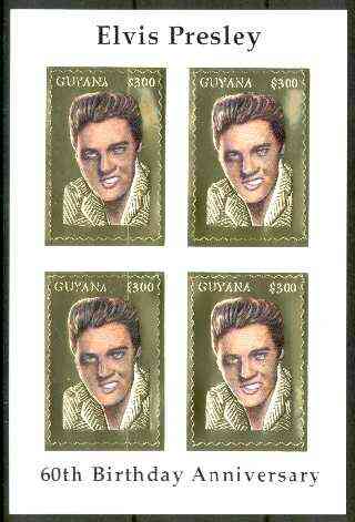 Guyana 1995 Elvis Presley 60th Birthday m/sheet in card containing four $300 values embossed in gold foil (with saw-tooth edges) from a numbered limited printing