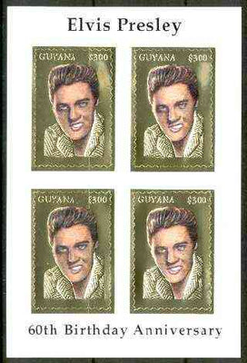 Guyana 1995 Elvis Presley 60th Birthday m/sheet in card containing four $300 values embossed in gold foil (with saw-tooth edges) from a numbered limited printing