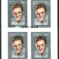 Guyana 1995 Elvis Presley 60th Birthday m/sheet in card containing four $300 values embossed in silver foil (with plain edges) overprinted SPECIMEN