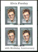 Guyana 1995 Elvis Presley 60th Birthday m/sheet in card containing four $300 values embossed in silver foil (with plain edges) overprinted SPECIMEN