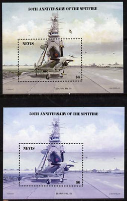 Nevis 1986 Spitfire (Seafire) on Aircraft Carrier $6 m/sheet with yellow omitted plus normal unmounted mint (SG MS 376)