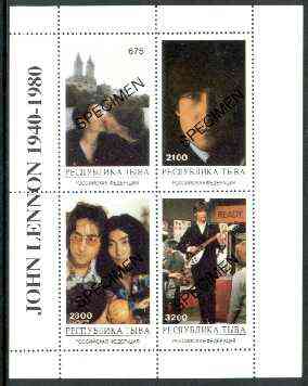 Touva 1996 John Lennon perf sheet containing 4 values overprinted SPECIMEN, scarce with very few produced for publicity purposes unmounted mint