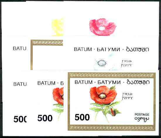 Batum 1994 Flowers (Poppy) imperf s/sheet, the set of 9 imperf progressive proofs comprising the 5 basic colours plus 2, 3, 4 and all 5-colour composites unmounted mint