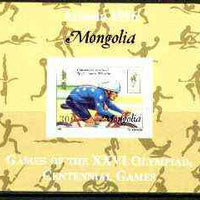 Mongolia 1996 Atlanta Olympics 30t (Cycling) imperf m/sheet with Centenary overprint unmounted mint