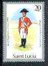 St Lucia 1984-89 Military Uniforms 20c (Officer, 46th Regiment) wmk'd Post Office with 1984 imprint date unmounted mint, SG 799 (gutter pairs & blocks pro rata)
