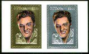 Guyana 1995 Elvis Presley 60th Birthday sheetlet in card containing two $300 values embossed in gold & silver foil (1 of each with saw-tooth edges)