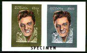 Guyana 1995 Elvis Presley 60th Birthday sheetlet in card containing two $300 values embossed in gold & silver foil (1 of each with plain edges) overprinted SPECIMEN