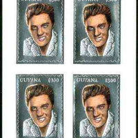 Guyana 1995 Elvis Presley 60th Birthday m/sheet in card containing four $300 values embossed in silver foil (with saw-tooth edges) from a numbered limited printing
