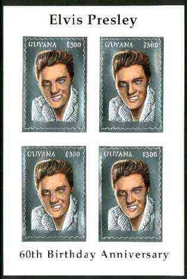 Guyana 1995 Elvis Presley 60th Birthday m/sheet in card containing four $300 values embossed in silver foil (with saw-tooth edges) from a numbered limited printing