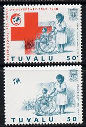 Tuvalu 1988 Red Cross 50c unmounted mint with red omitted (SG 520var) plus normal (spectacular)