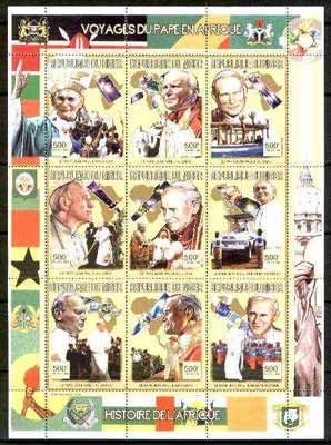 Niger Republic 1999 Pope Paul perf sheetlet containing complete set of 9 values (Papal Visits to Africa) unmounted mint