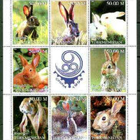 Turkmenistan 1999 Rabbits sheetlet containing complete set of 8 values plus label for China 99 Stamp Exhibition) unmounted mint
