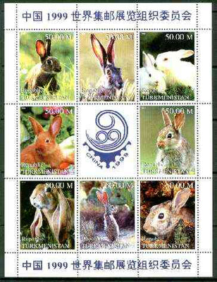 Turkmenistan 1999 Rabbits sheetlet containing complete set of 8 values plus label for China 99 Stamp Exhibition) unmounted mint