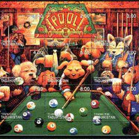 Tadjikistan 1999 Dogs Playing Pool composite perf sheetlet containing complete set of 9 values unmounted mint