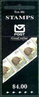 New Zealand 1990 $4.00 booklet containing pane of 10 x Brown Kiwi 40c, pristine, SG SB 53