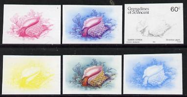 St Vincent - Grenadines 1985 Shell Fish 60c (Queen Conch as SG 361) set of 6 imperf progressive colour proofs comprising the four individual colours plus 2 & 3-colour composites unmounted mintNote: Due to a very fortunate purchas……Details Below