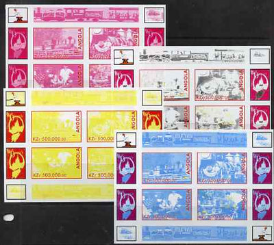 Angola 1999 Walt Disney's Railroad History #1 sheetlet containing 4 values - the set of 4 imperf progressive proofs comprising various 2 and 3-colour composites