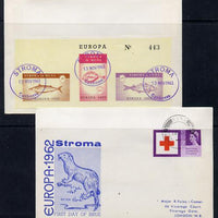 Stroma 1963 Europa imperf sheetlet containing fish set of 3 on cover to London correctly cancelled in Stroma and carried to Huna, front shows Great Britain Red Cross 3d stamp cancelled Huna for normal UK delivery. Note: I have sev……Details Below