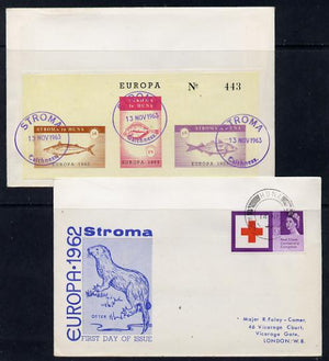 Stroma 1963 Europa imperf sheetlet containing fish set of 3 on cover to London correctly cancelled in Stroma and carried to Huna, front shows Great Britain Red Cross 3d stamp cancelled Huna for normal UK delivery. Note: I have sev……Details Below