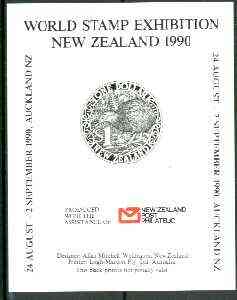New Zealand 1990 World Stamp Exhibition sheetlet featuring $1 circular Kiwi stamp imperf in black