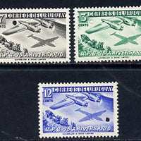 Uruguay 1949 Universal Postal Union Anniversary (Boeing Aeroplane over Mailcoach) set of 3 each with tiny security puncture (Waterlow & Sons Specimen) unmounted mint