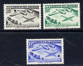 Uruguay 1949 Universal Postal Union Anniversary (Boeing Aeroplane over Mailcoach) set of 3 each with tiny security puncture (Waterlow & Sons Specimen) unmounted mint