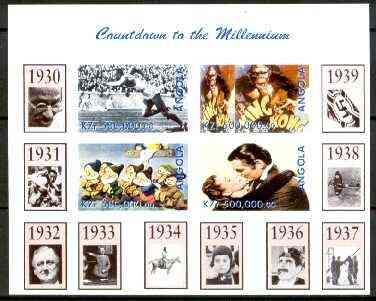 Angola 1999 Countdown to the Millennium #04 (1930-1939) imperf sheetlet containing 4 values (Jesse Owens, King Kong, Snow White & Gone With the Wind) unmounted mint