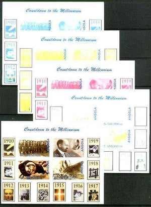 Angola 1999 Countdown to the Millennium #02 (1910-1919) sheetlet containing 4 values (Girl Guides,Du Bois, Buffalo Bill & Titanic) the set of 5 imperf progressive proofs comprising various 2,3 & 4-colour combinations plus all 5 colours unmounted mint