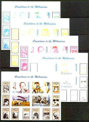 Angola 1999 Countdown to the Millennium #03 (1920-1929) sheetlet containing 4 values (A A Milne, Tintin, Flying Doctors & Ben Hur) the set of 5 imperf progressive proofs comprising various 2,3 & 4-colour combinations plus all 5 colours unmounted mint