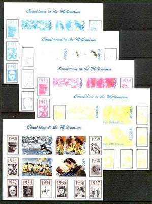 Angola 1999 Countdown to the Millennium #04 (1930-1939) sheetlet containing 4 values (J Owens, King Kong, Snow White & Gone With the Wind) the set of 5 imperf progressive proofs comprising various 2,3 & 4-colour combinations plus ……Details Below