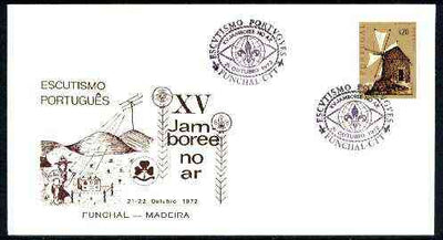 Portugal 1972 illustrated cover (Scout making radio broadcast) for 15th Funchal Scout Jamboree, 20c Windmill stamp with special cancel