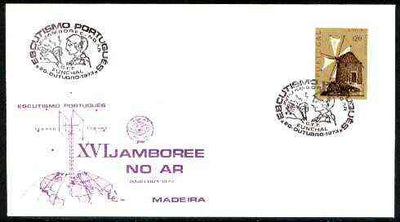 Portugal 1973 illustrated cover (Aerial & Globe) for 16th Madeira Scout Jamboree, 20c Windmill stamp with special cancel