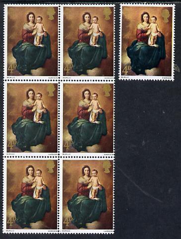 Great Britain 1967 Christmas 4d (Murillo) unmounted mint block of 6 with slight misplacement of gold (Queen's head touching upper frame) plus normal single