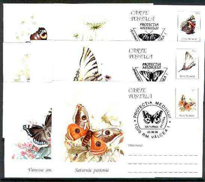Rumania 1996 Butterflies set of 7 deluxe edition postal stationery cards (50L values) each with 'Butterfly' cancellation (Limited edition)