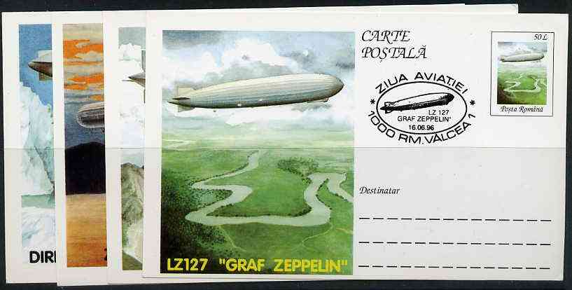 Rumania 1996 Airships (incl Zeppelins) complete set of 4 deluxe edition postal stationery cards (50L values) each with illustrated cancellation (Limited edition)