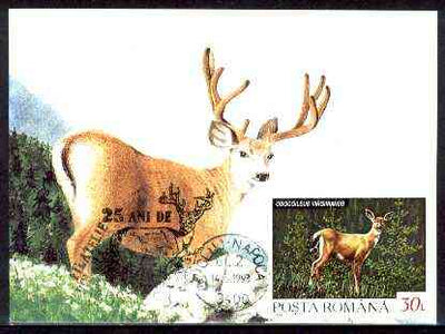 Rumania 1992 White Tailed Deer 30L (as SG 5483) on maximum card with special illustrated 'Deer' cancellation