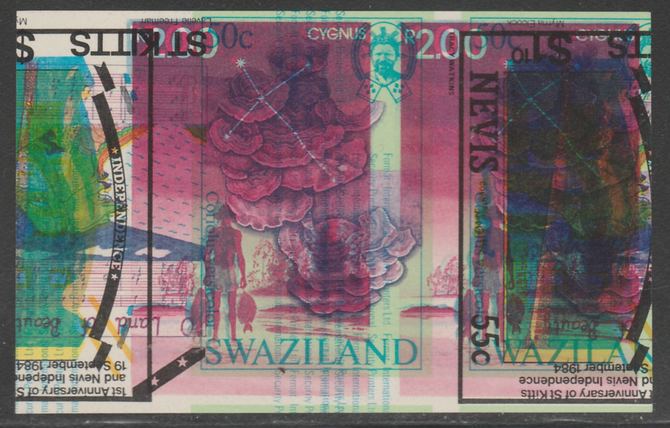 Zil Elwannyen Sesel 1984 Night Sky (Scorpio) 10r unmounted mint imperf proof pair (SG 94) printed on back of trial impressions of Nevis, St Kitts & Swaziland
